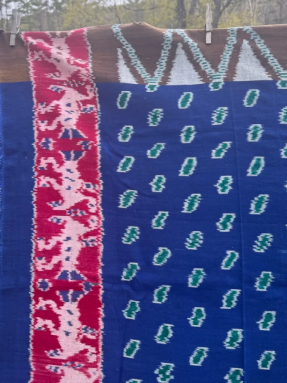 True Ikat Cloth Wrap Throw Blue Green Wall Hanging Medium Weight Weaving 82 X 45